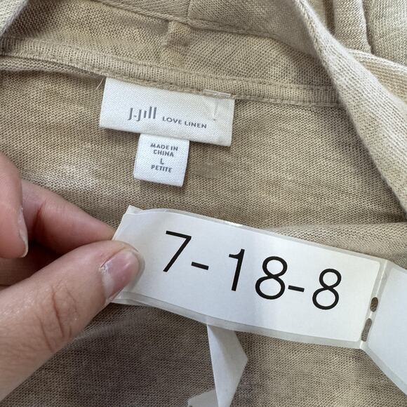 J.Jill Love Linen Cardigan Womens Large Petite Tan Open Front Ruched Sleeves - Picture 3 of 7